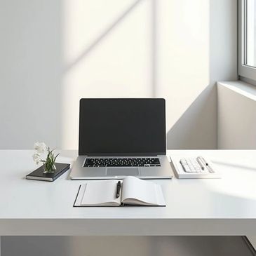 Minimalist workspace with a laptop, notebook, and natural light from a window.