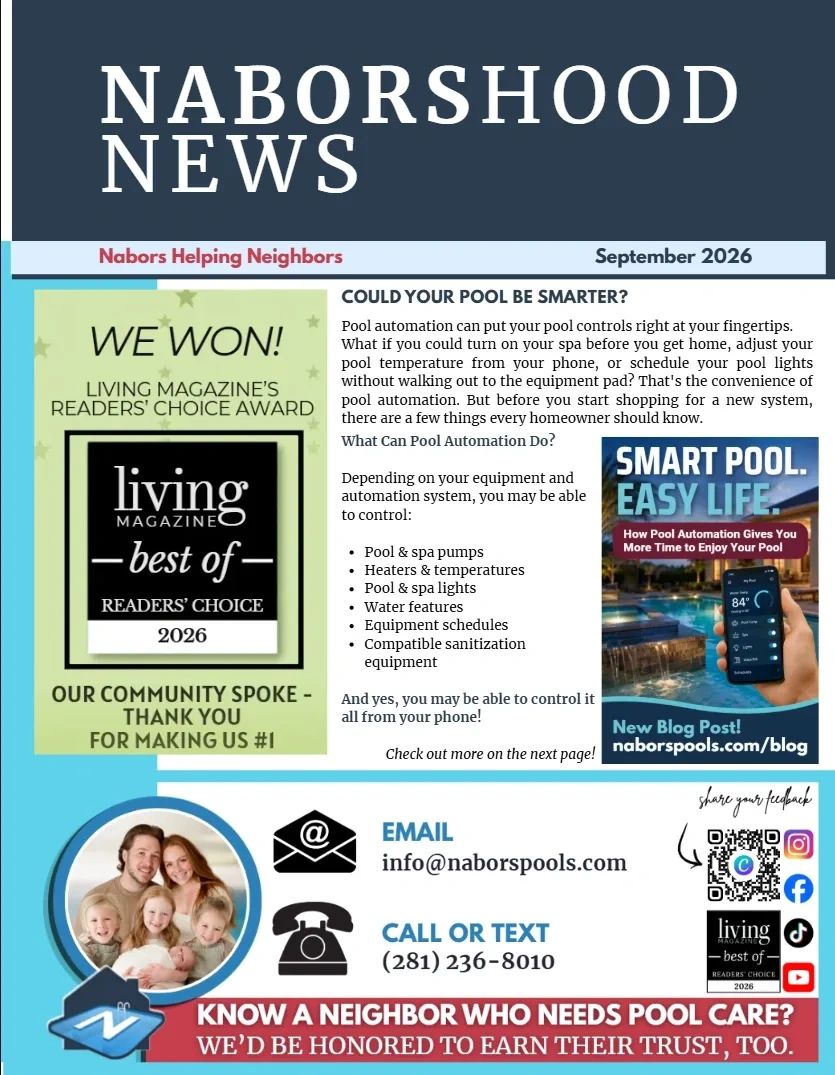 Newsletter about pool automation and community award.