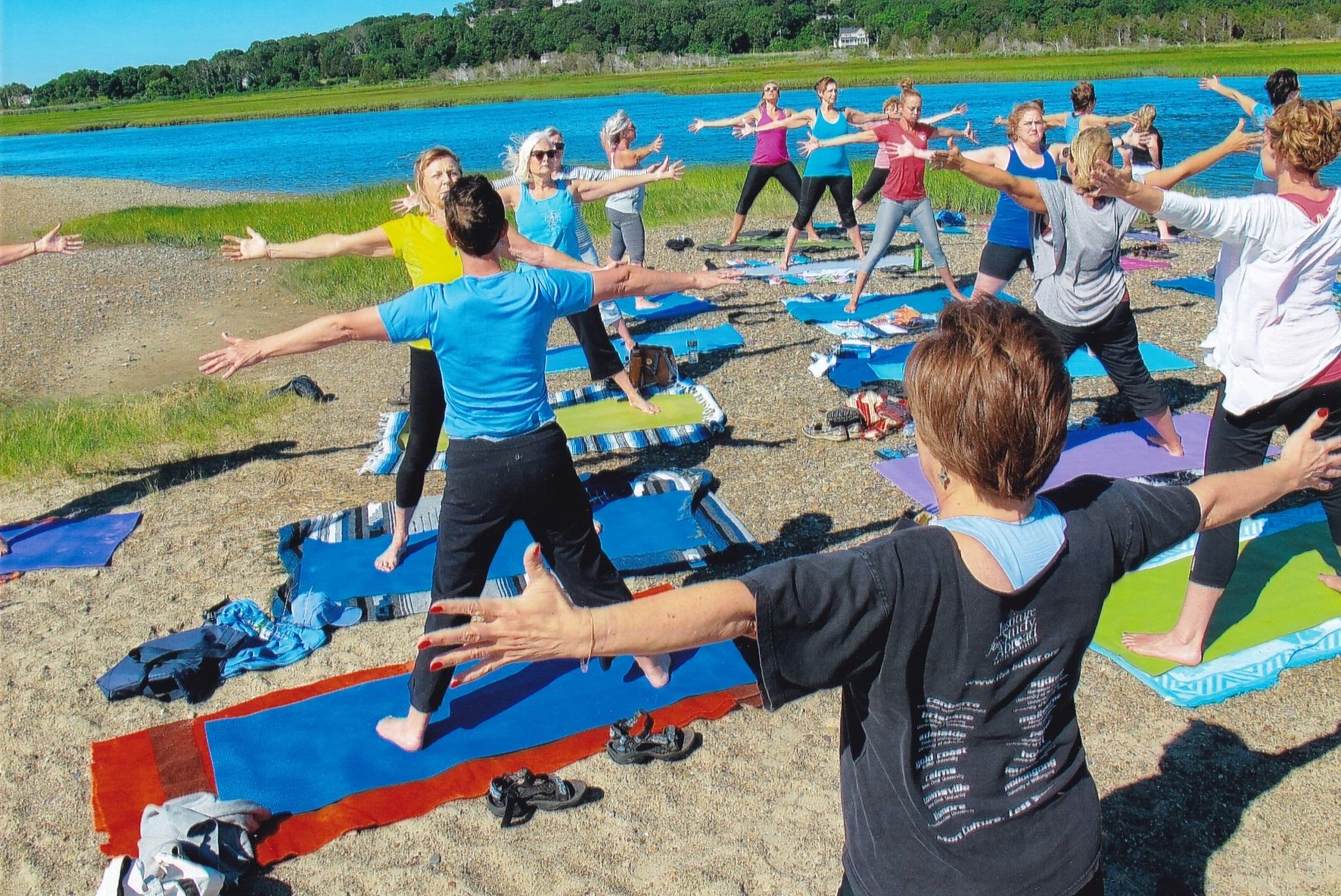 A photograph of a large group of people doing a standing yoga pose on a beach beside a river.