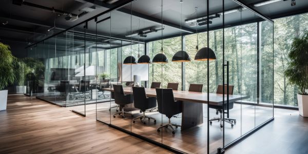 Modern glass-walled conference room with natural light and wood flooring.