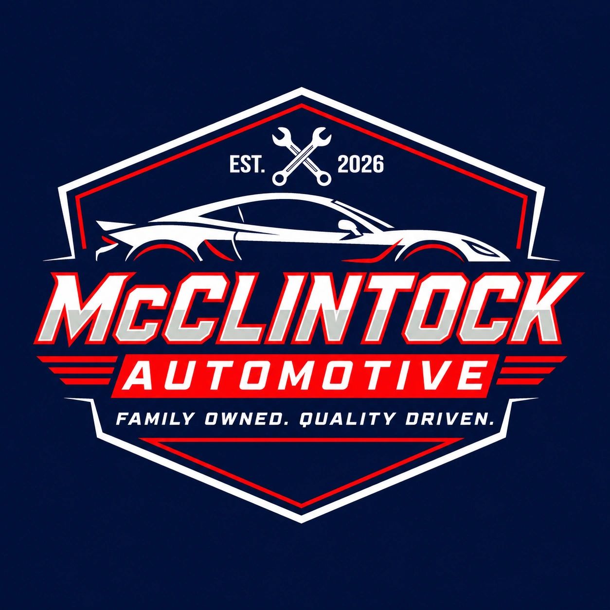 Logo for McClintock Automotive with car and tools graphic.