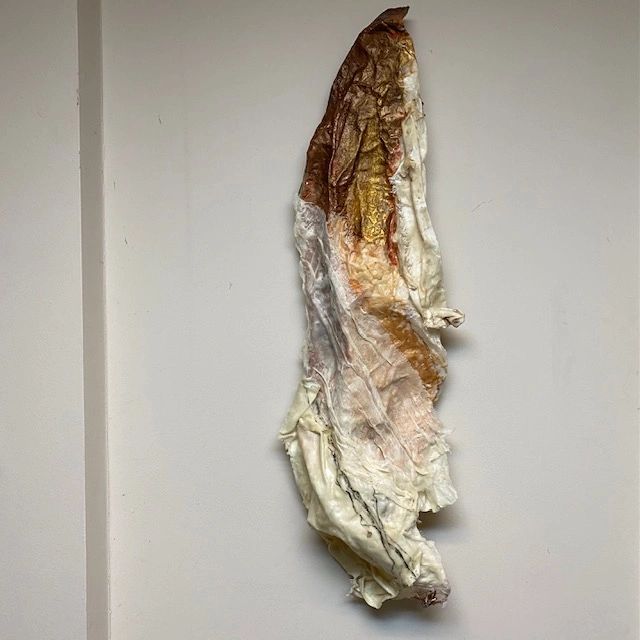 31" h x 9"w, Cheesecloth, paper, muslin, wire, wax and oil. Wire mounted hanging, $500