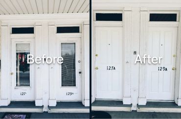 Before and after comparison of front doors. The old doors have been replaced with solid wood doors