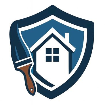 Shield logo with house and paintbrush symbolizing home protection and painting.