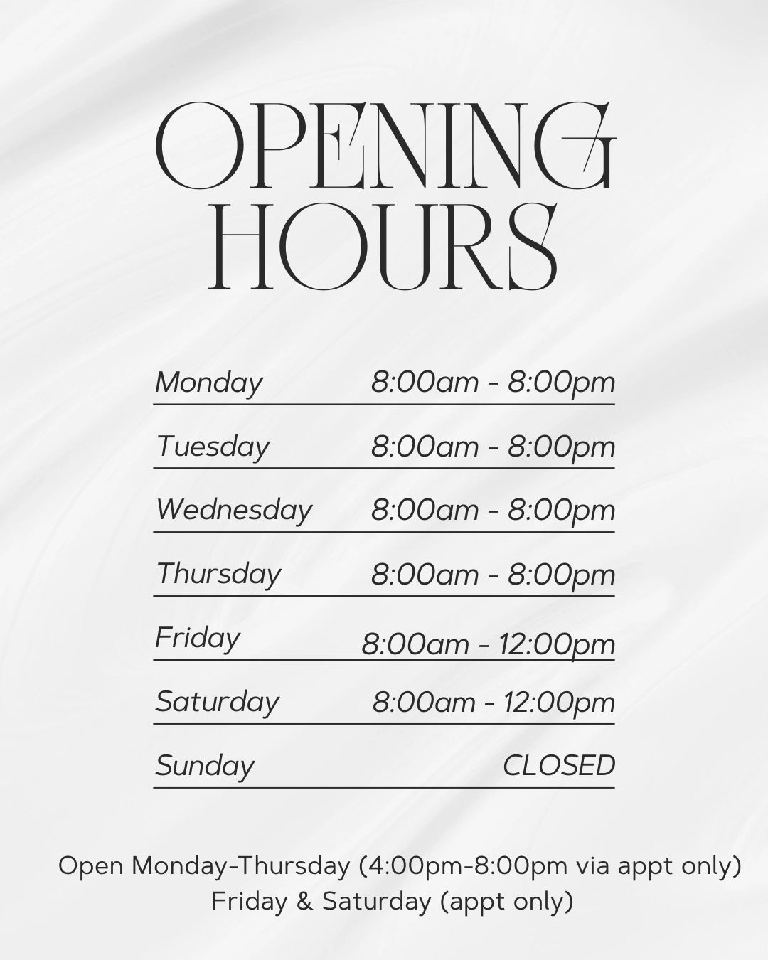 Business hours from Monday to Saturday with Sunday closed.