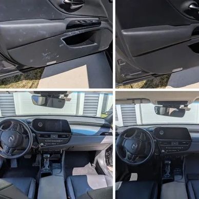 Before and after images of a car interior showing cleaning and restoration.