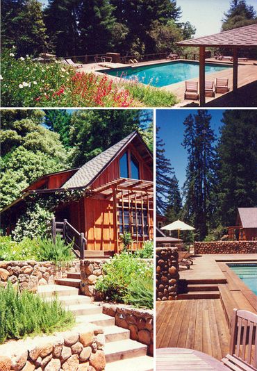 cabana, guest house, hillside pool, redwood deck