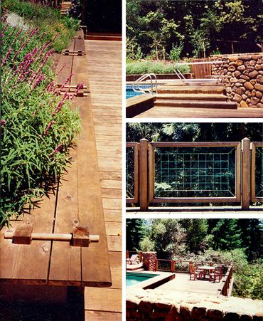 redwood deck, copper railing, arts & crafts bench, stone divider wall