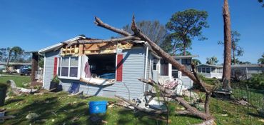 A house severely damaged by a fallen tree branch on its roof and window.