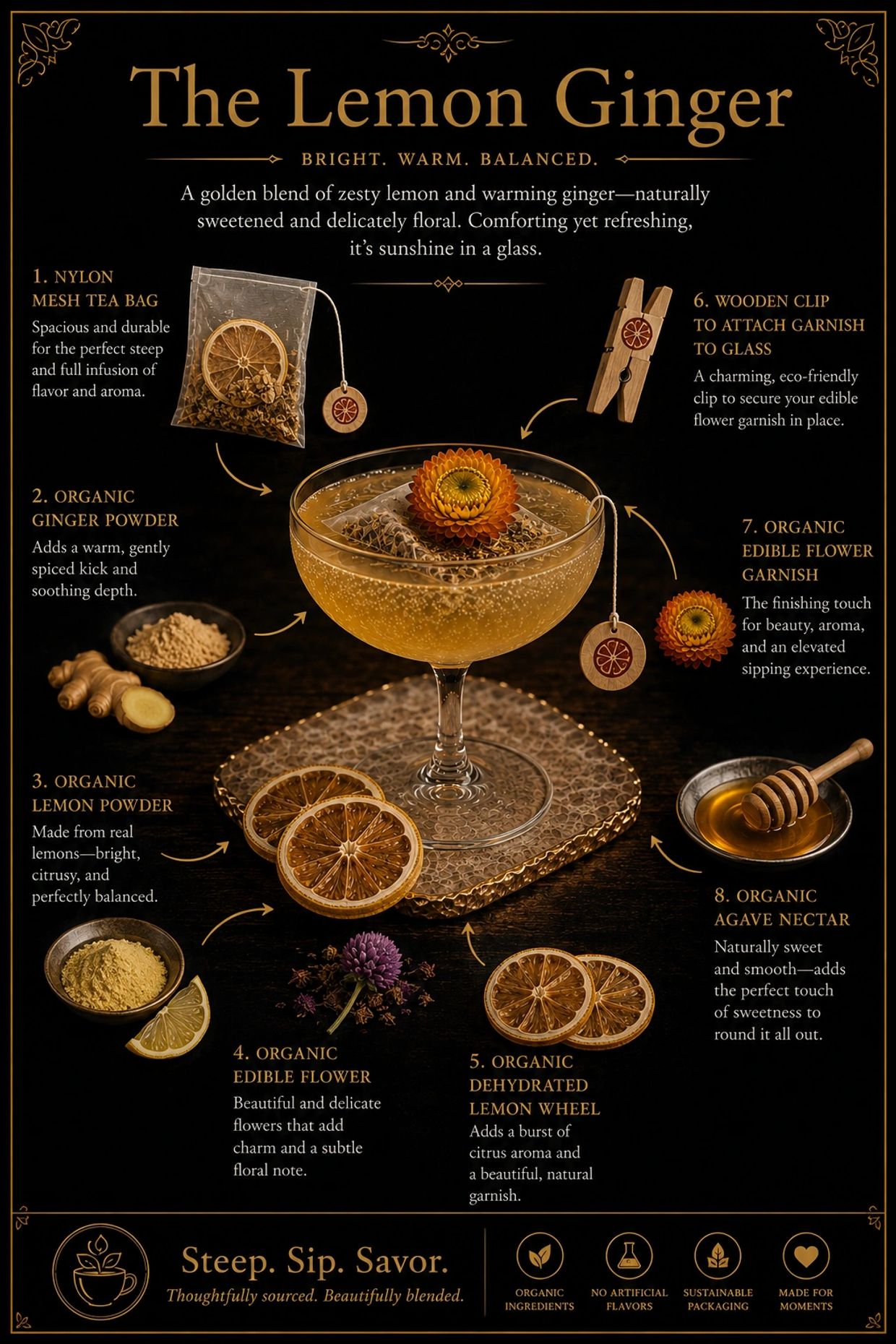 The Lemon Ginger tea blend with organic ingredients and elegant garnishes in a glass.