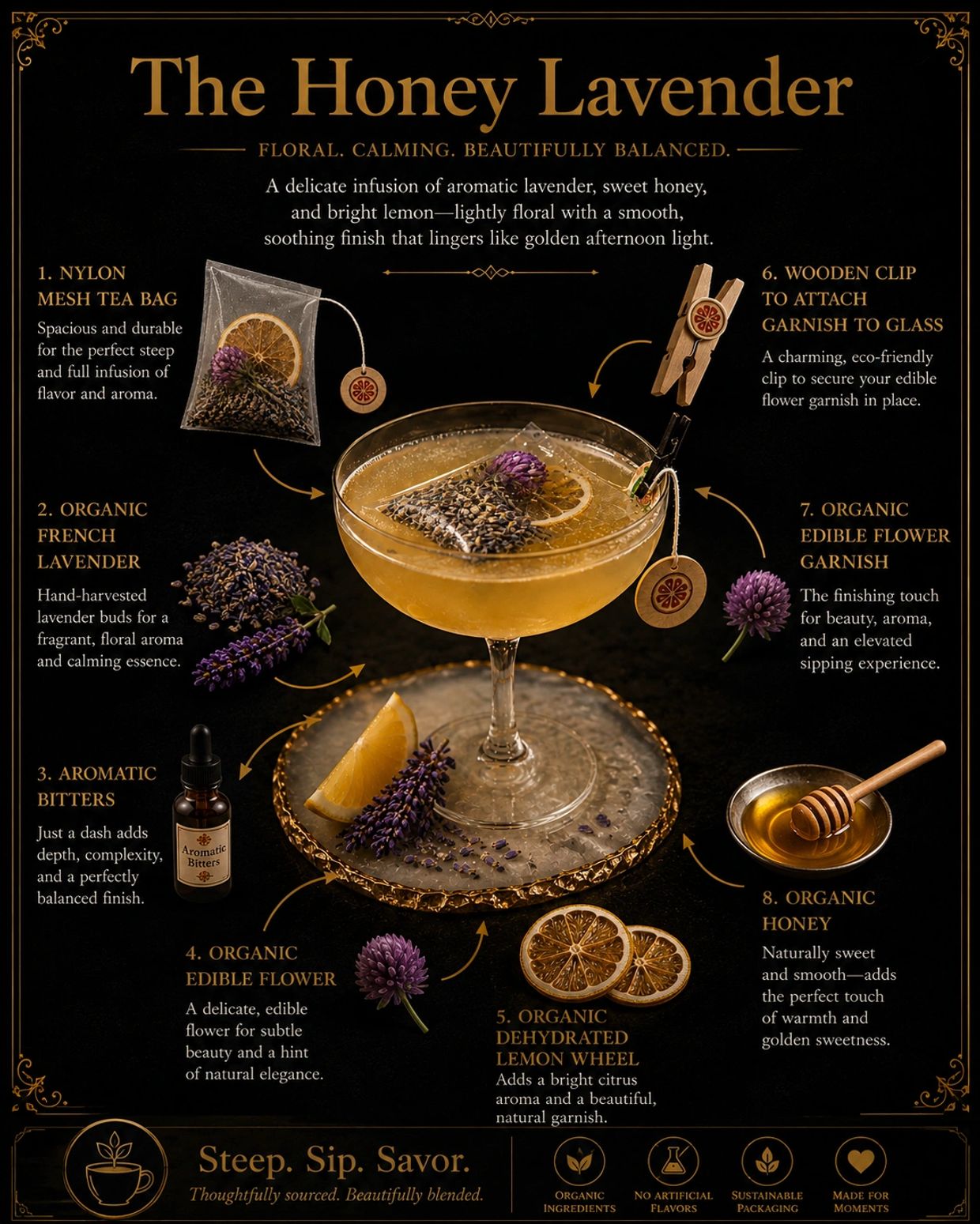 The Honey Lavender tea with aromatic ingredients and elegant garnishes in a glass.