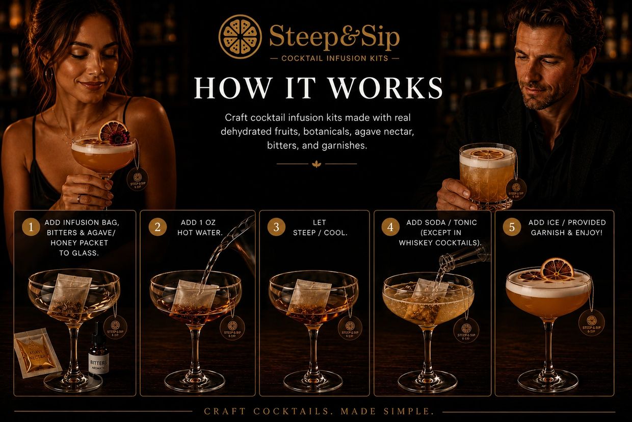 Step-by-step guide to making cocktails with Steep & Sip infusion kits using real ingredients.