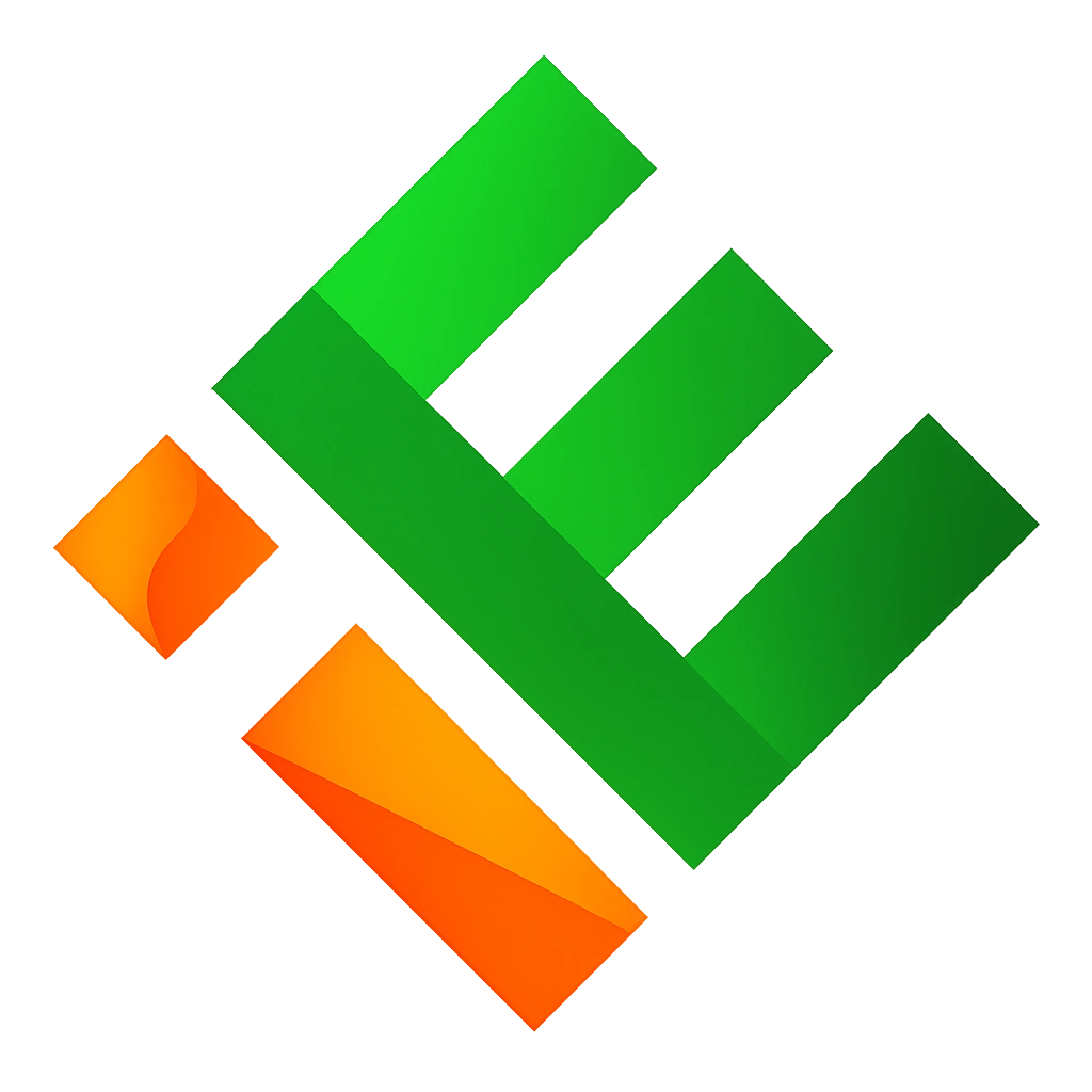 Abstract geometric design with green and orange shapes on a black background.