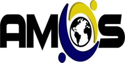 Logo with the word 'AMOS' and a globe inside the letter 'O'.