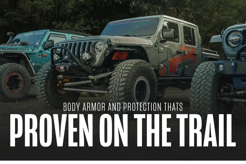 dramatic image showing outlaw offroad jeep gladiaor with motobilt bumpers and fenders