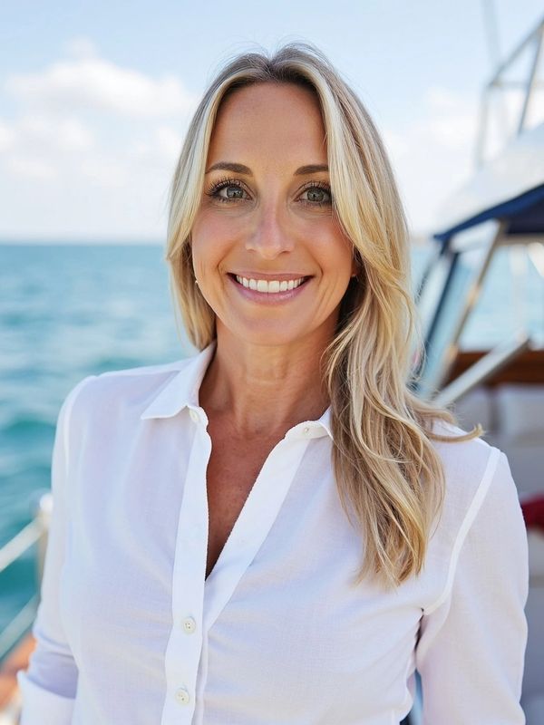 Smiling woman in a white shirt on a boat with ocean background.