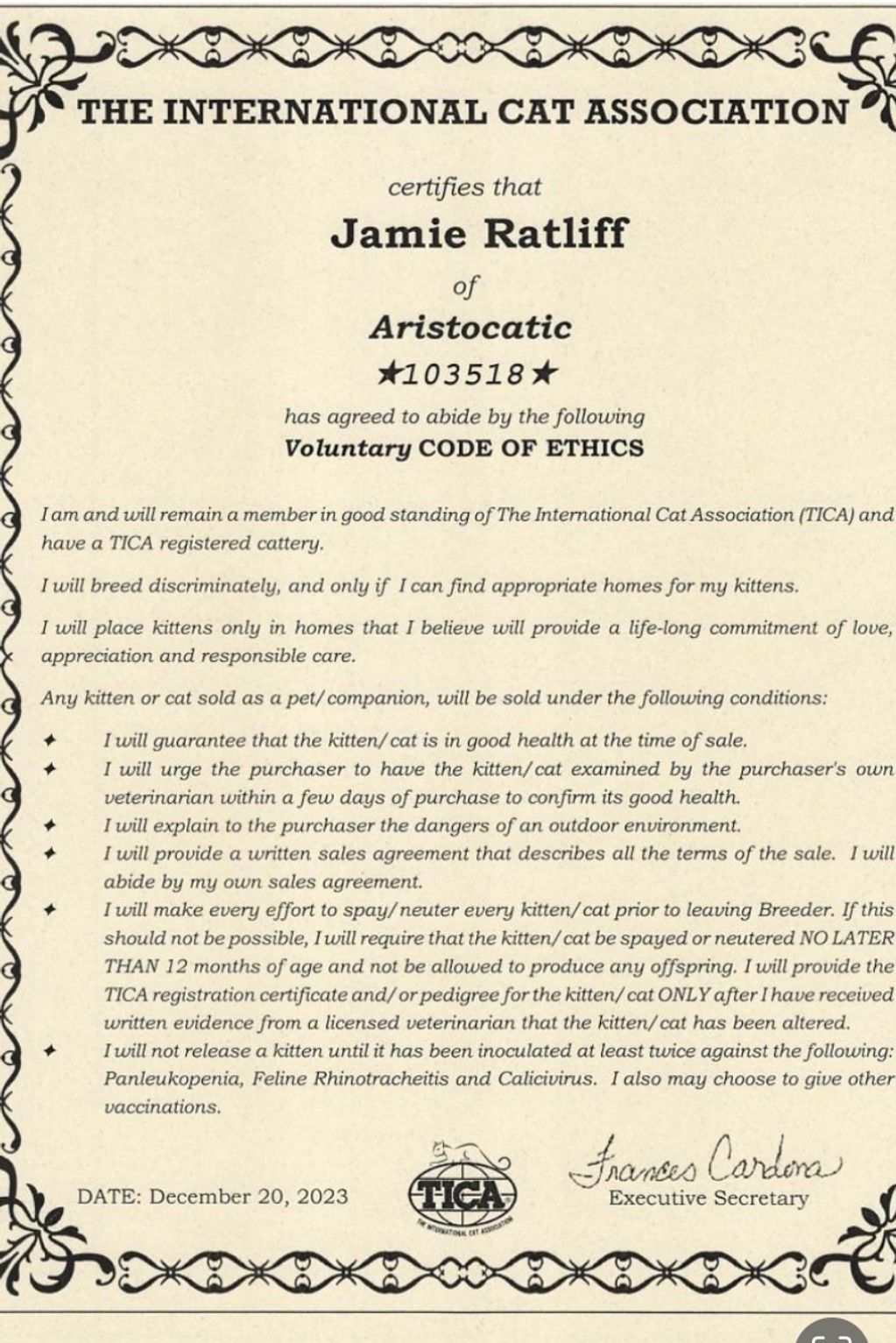 Certificate from The International Cat Association for Jamie Ratliff of Aristocatic.