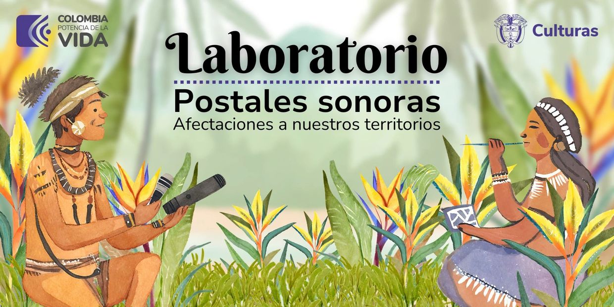 Ilustración de un laboratorio de postales sonoras con dos personas indígenas.
