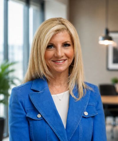Smiling woman in a blue blazer.