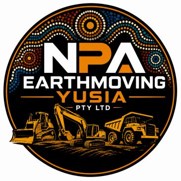 Logo of NPA Earthmoving Yusia with construction vehicles and Aboriginal dot art design.