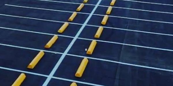 Empty parking lot with yellow wheel stops and white lines.