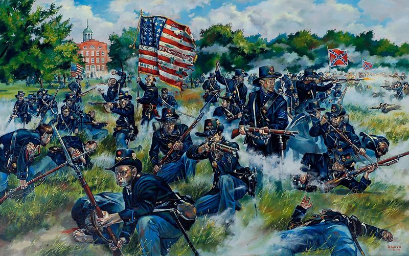 Col. Henry Morrow and the 24th Michigan on the first day of Gettysburg.
Painted by Darren Smith