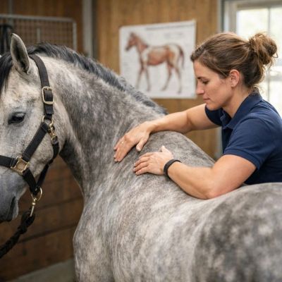 Woman performing equine bodywork.