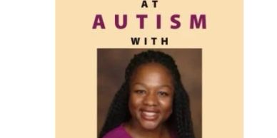 Portrait of a smiling woman with text about autism.