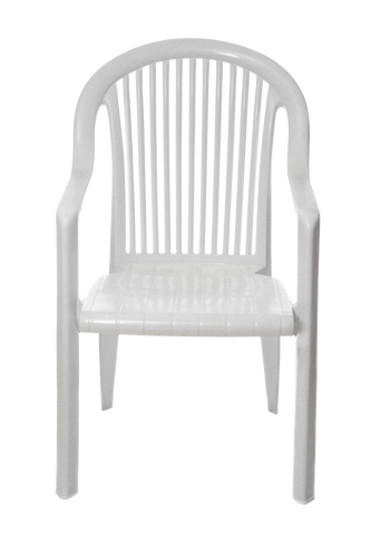 White plastic chair with armrests and vertical slats on the backrest.