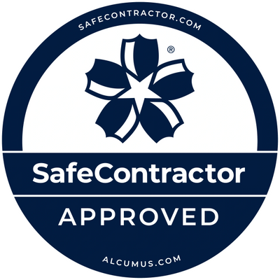 SafeContractor Approved badge with blue and white design.