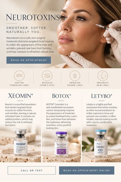 Neurotoxin treatments for smoother, softer skin with Xeomin, Botox, and Letybo options.