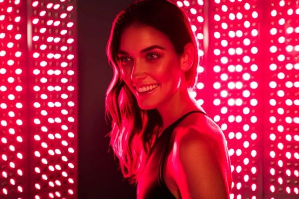 A woman smiling while surrounded by Joovv red light therapy, photobiomodulation, for boosting health