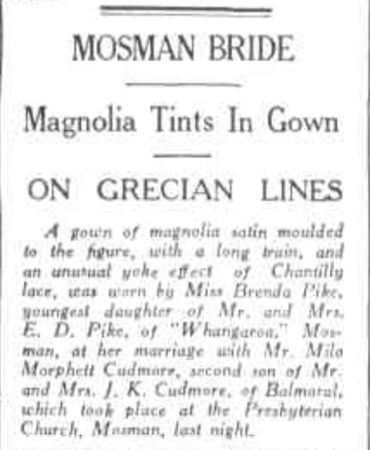 The very first “Mosman Bride” was Miss Brenda Pike in 1934, who wore a magnolia satin gown designed
