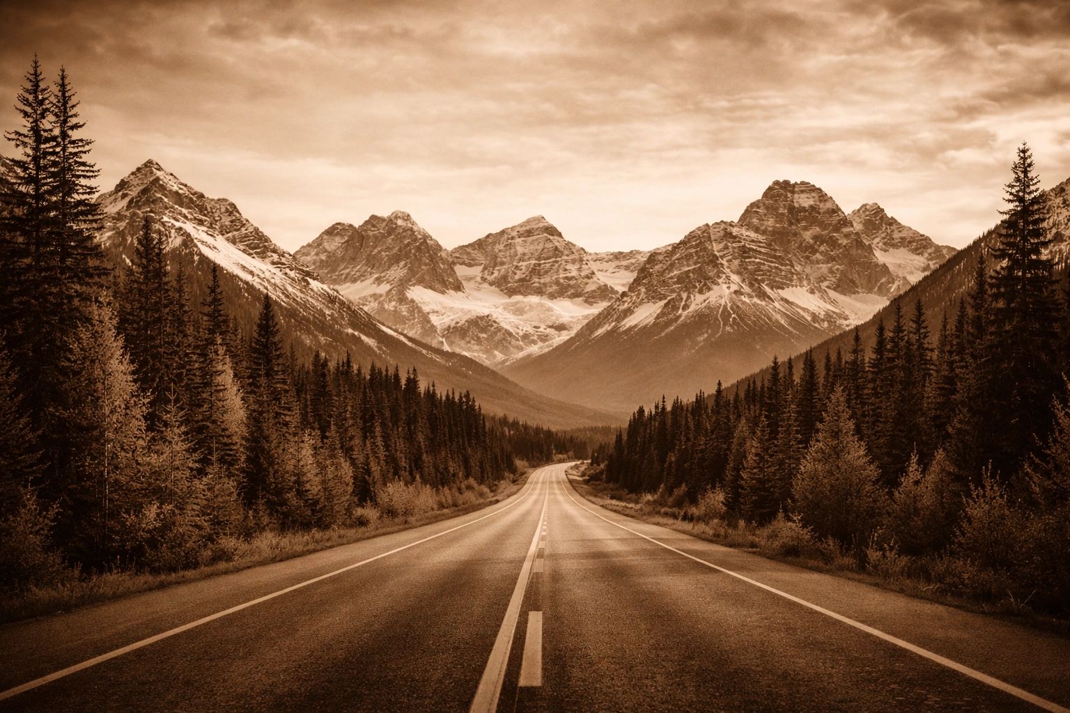 Empty highway leading to snow-capped mountains surrounded by pine trees.