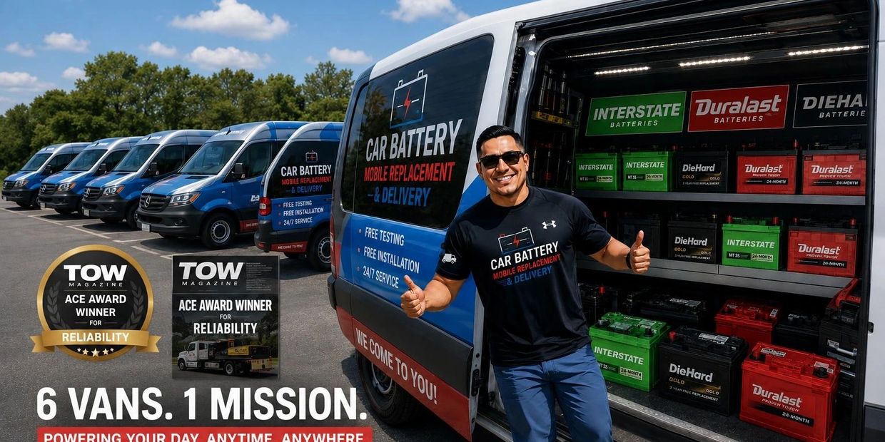 Mobile car battery replacement service with six vans and reliable awards.