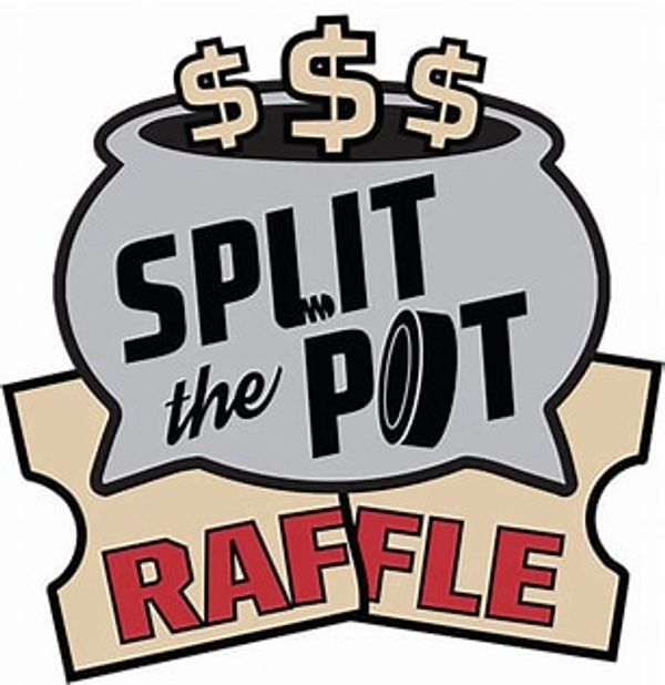 Logo for a Split the Pot raffle with money symbols and ticket.