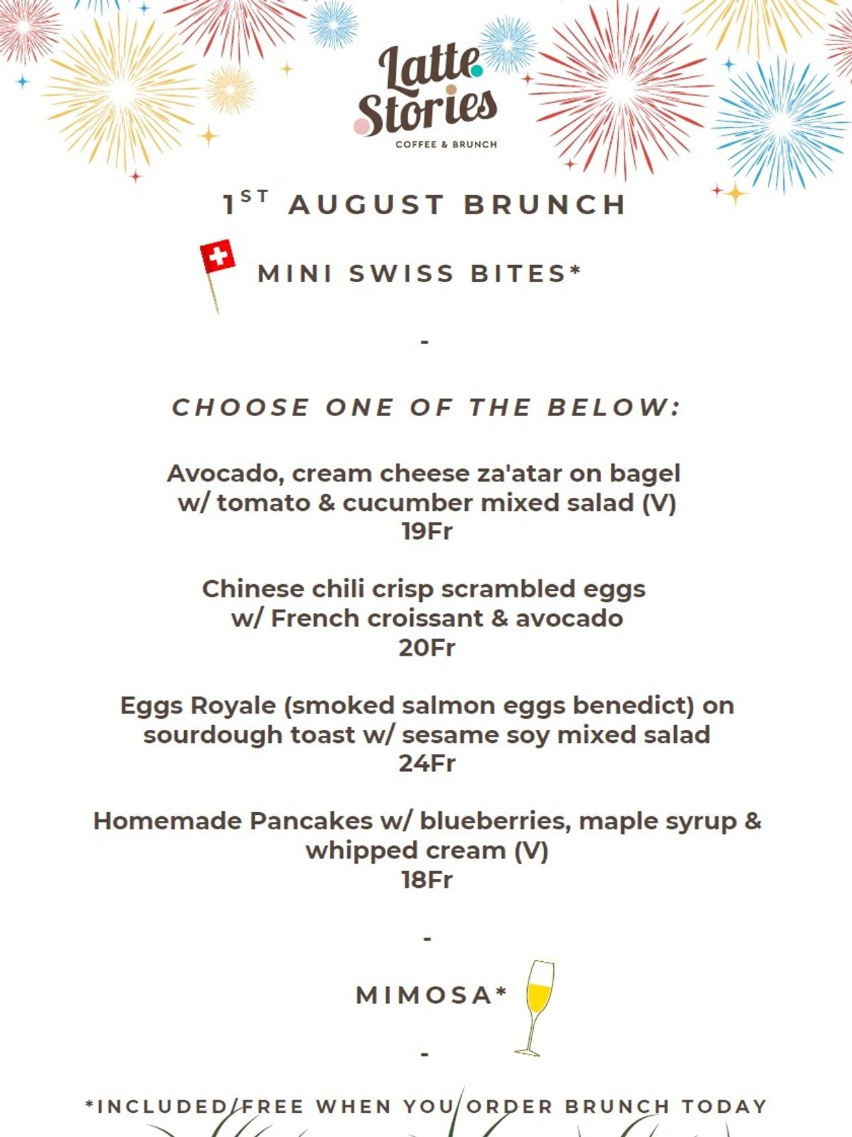 This is the menu for Swiss National Brunch at Latte Stories.