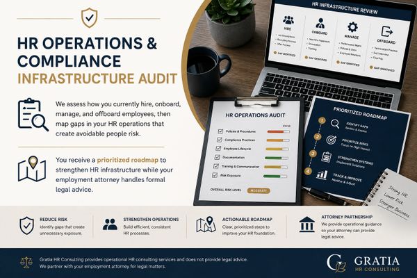 HR Operations & Compliance Infrastructure Audit with prioritized roadmap to reduce risk and strengthen HR processes.