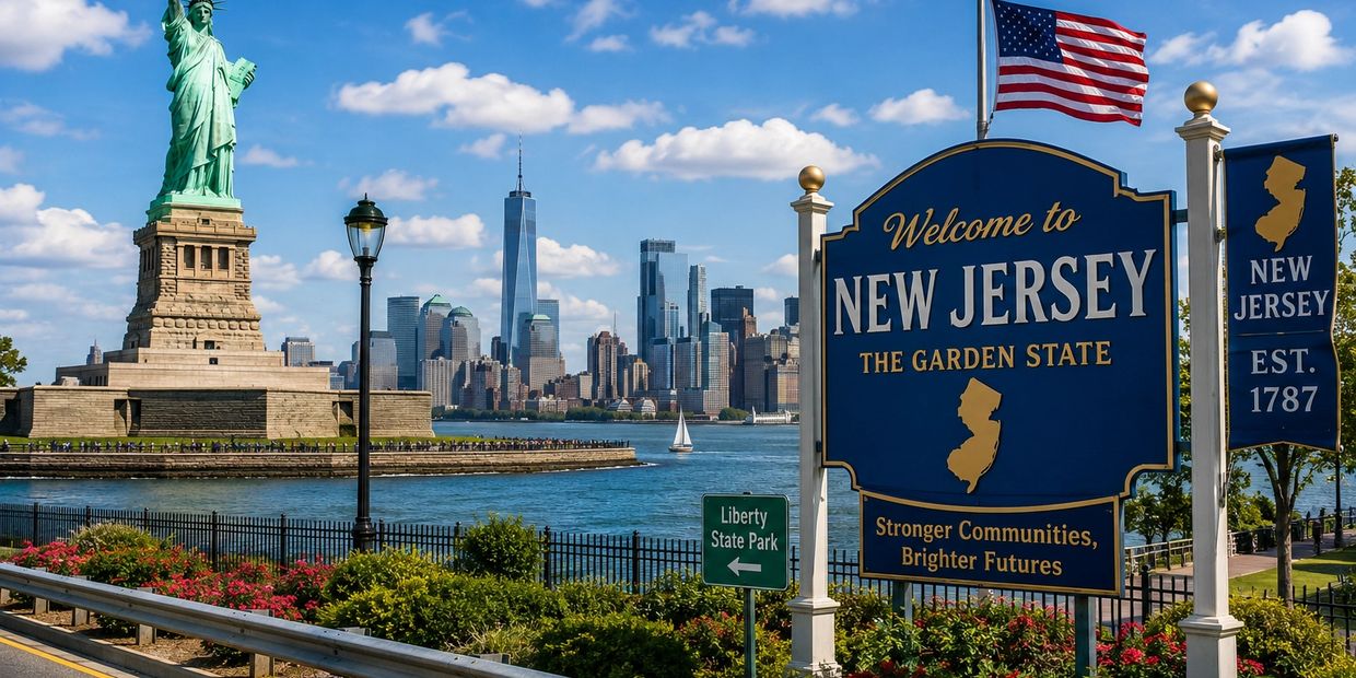 Welcome sign for New Jersey with Statue of Liberty and city skyline in the background.