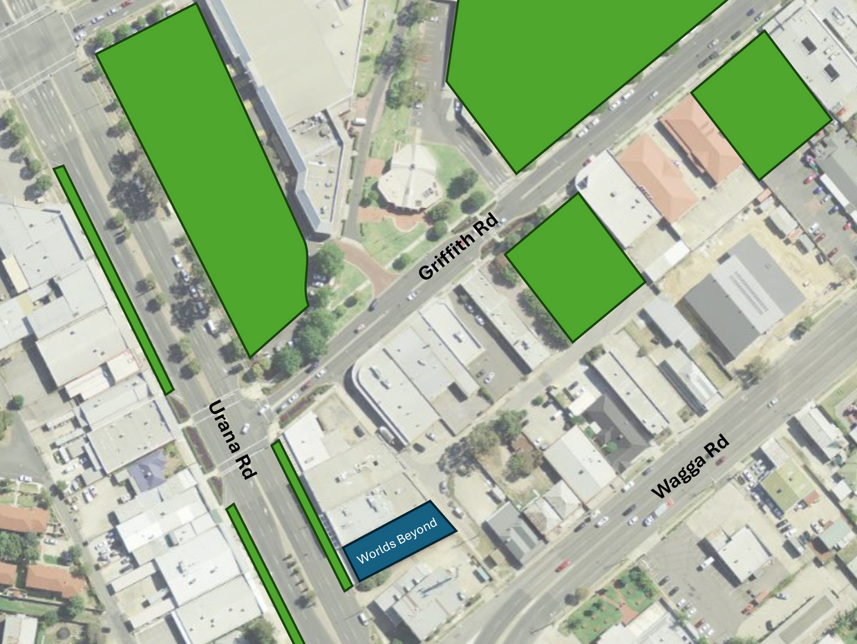 Location of parking around Worlds Beyond Amusement Centre in Albury-Wodonga.