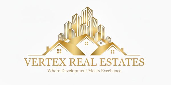 Gold logo of Vertex Real Estates with buildings and houses.