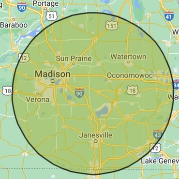 Map showing a circular area around Madison, Wisconsin and nearby cities.