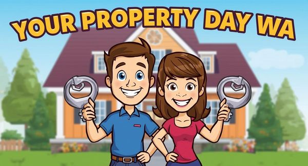 Cartoon couple holding wrenches in front of a house.