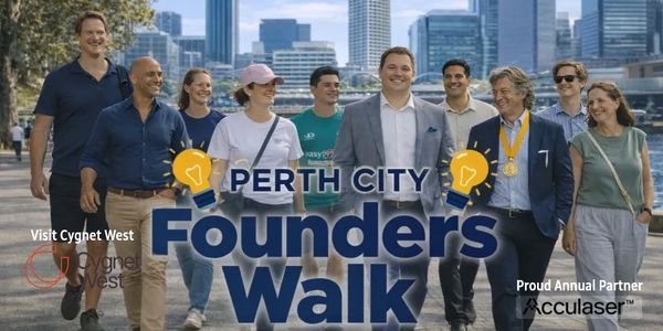 Group of professionals walking together in Perth City Founders Walk event.