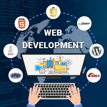 Illustration of web development with programming language logos around a computer.