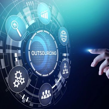 Hand interacting with digital interface showing outsourcing and related icons.