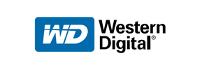 Western Digital logo in blue and white with black text.