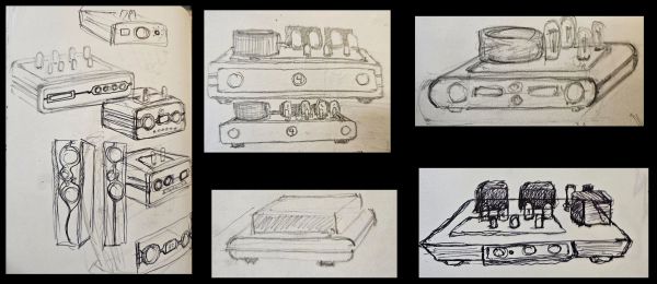 Sketches of audio amplifier designs with tubes and knobs.