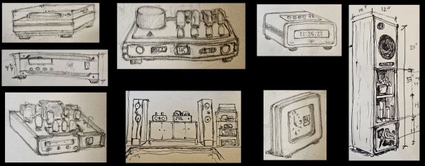 Hand-drawn sketches of audio equipment and a clock tower.