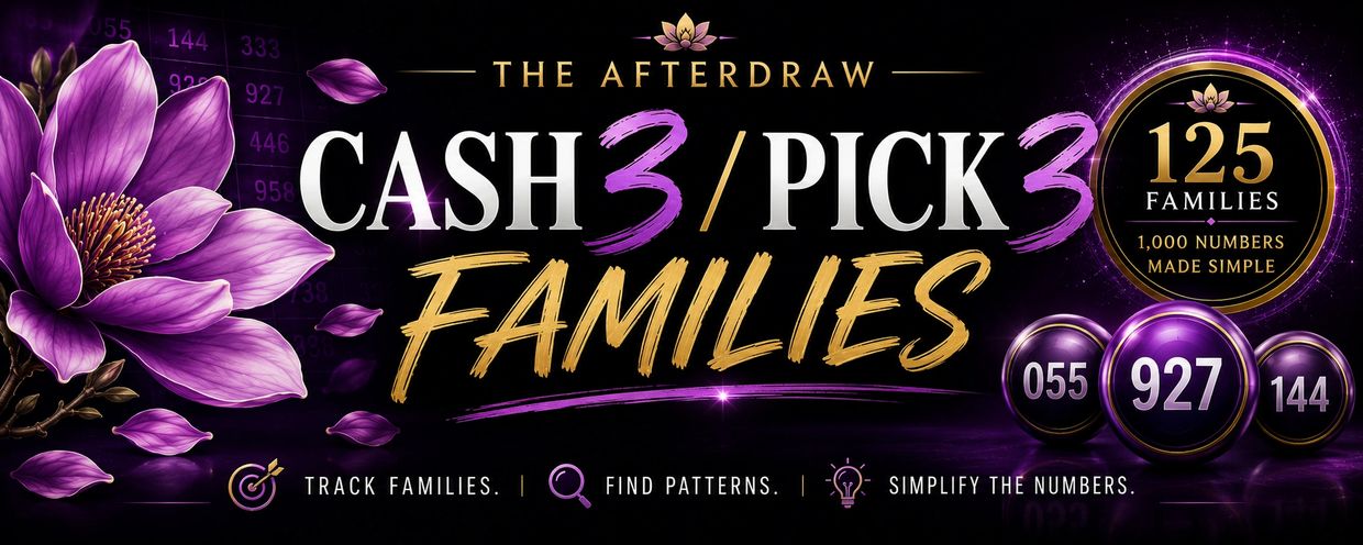 Vibrant ad for Cash 3/Pick 3 Families lottery with purple floral design and 125 families.